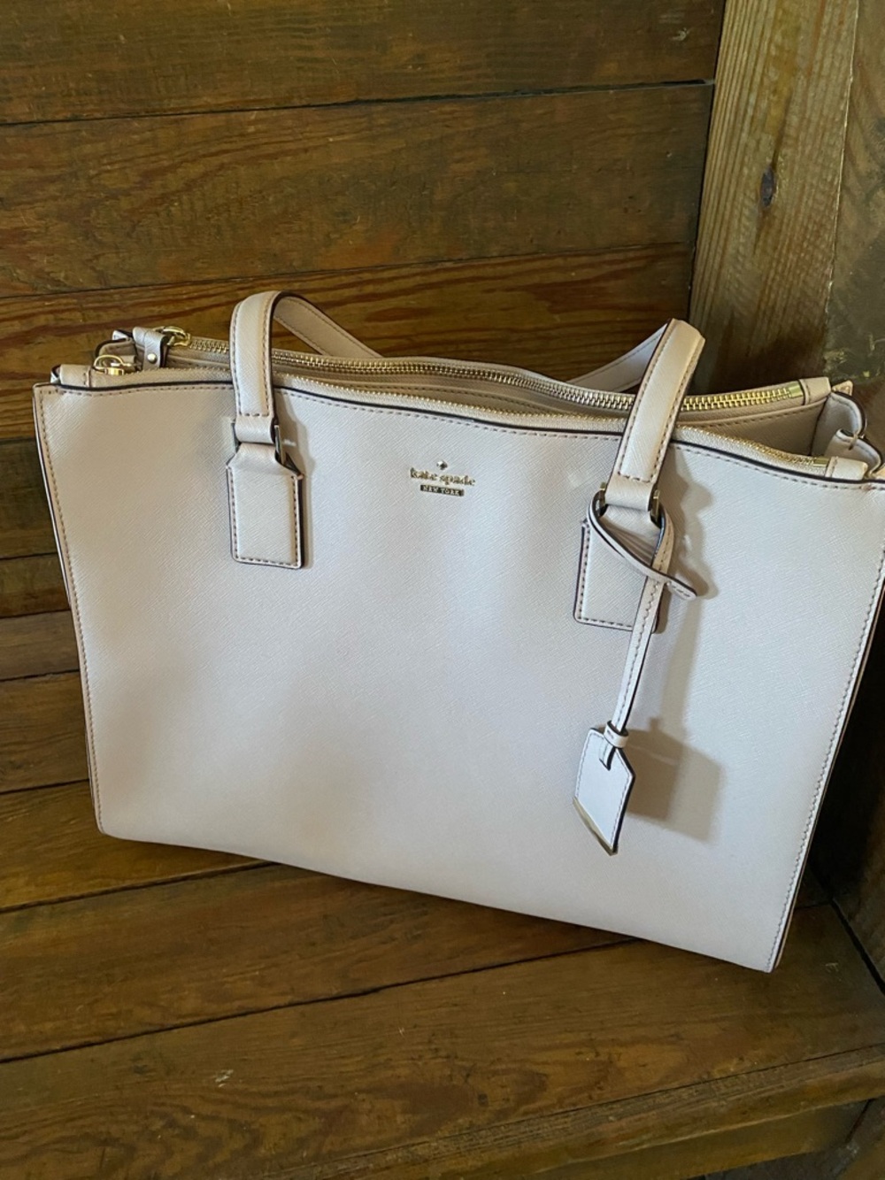kate spade pale pink/cream leather tote with luggage tag